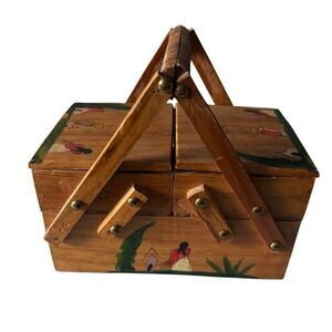 Hand-Painted Wooden Sewing Basket - Natural Wood